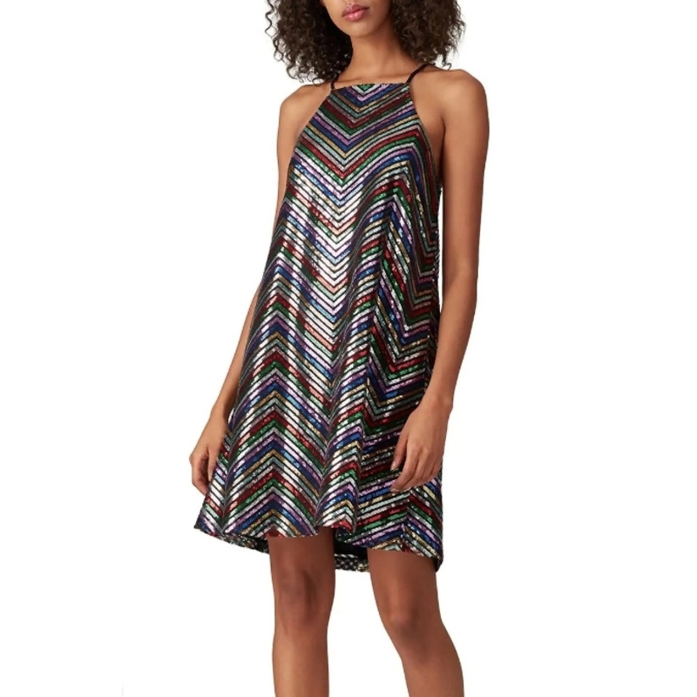 Amanda Uprichard Halette Sequin Mini Dress Multicolor Chevron Halter XS NEW